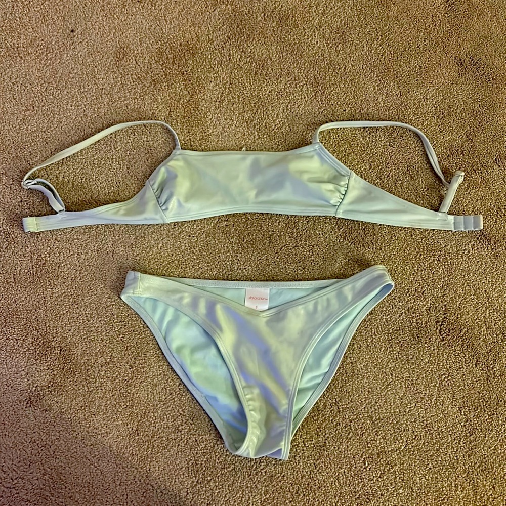 Girls Size S bathing suit/ bikini. Sea foam green shiny or metallic like.